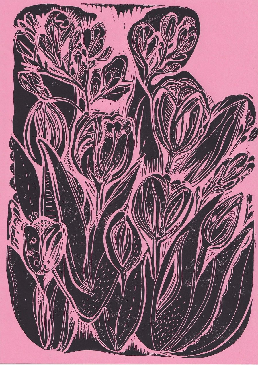 A4 Linocut Print - Pink and Black Tulips & Freesias.