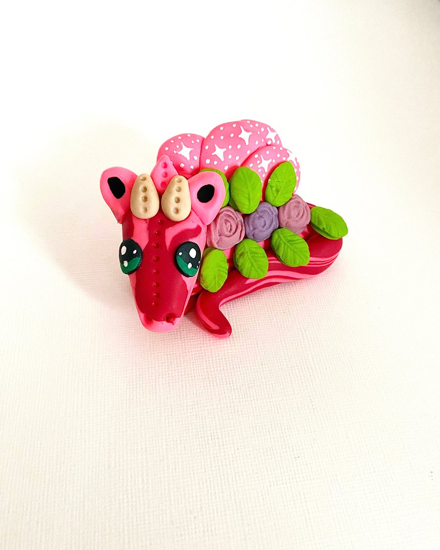 Handmade red and pink dragon ornament 
