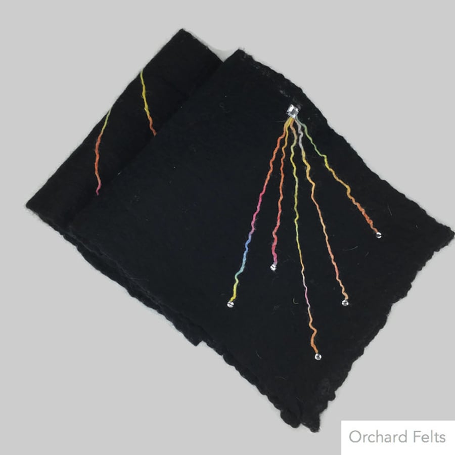 Black felted scarf, merino wool with multicoloured starburst decoration - SALE