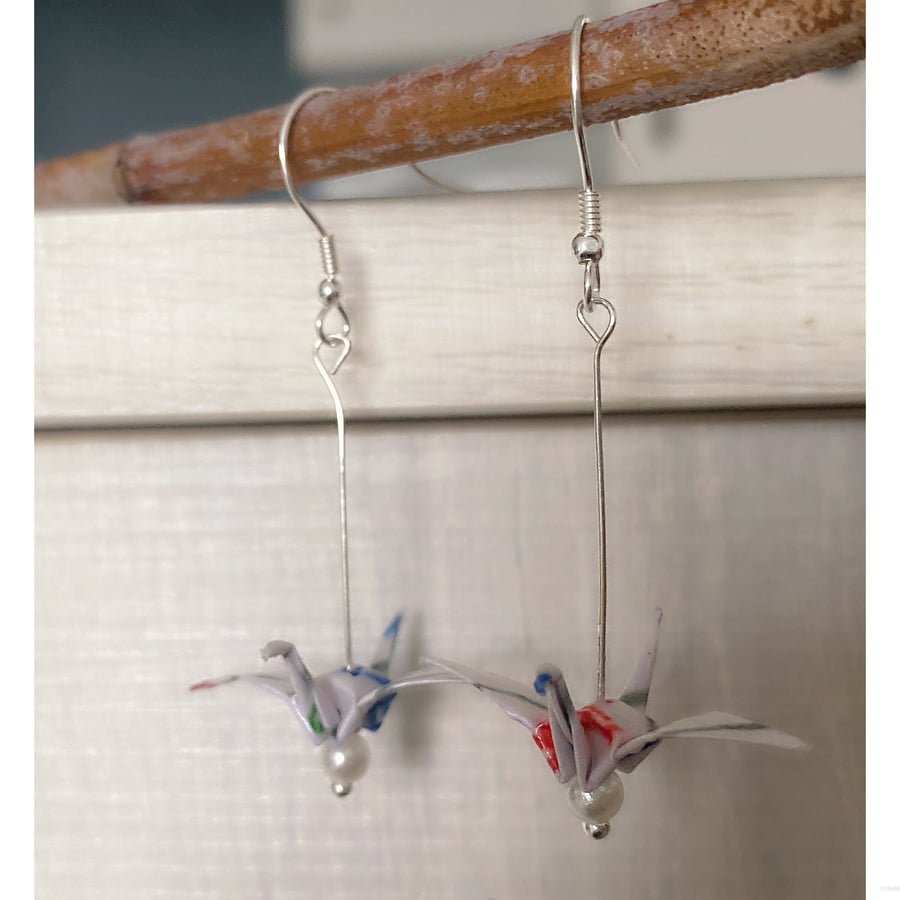 Origami Crane Earrings, Paper Crane Earrings, Paper Bird Earrings, Free UK Post