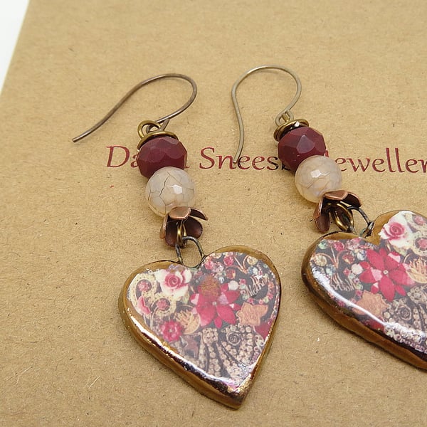 Heart Earrings, Ceramic Earrings, Czech Glass Earrings, Floral Earrings. Rose.