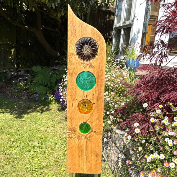 Reclaimed Wood & Fused Glass Flower Garden Art 