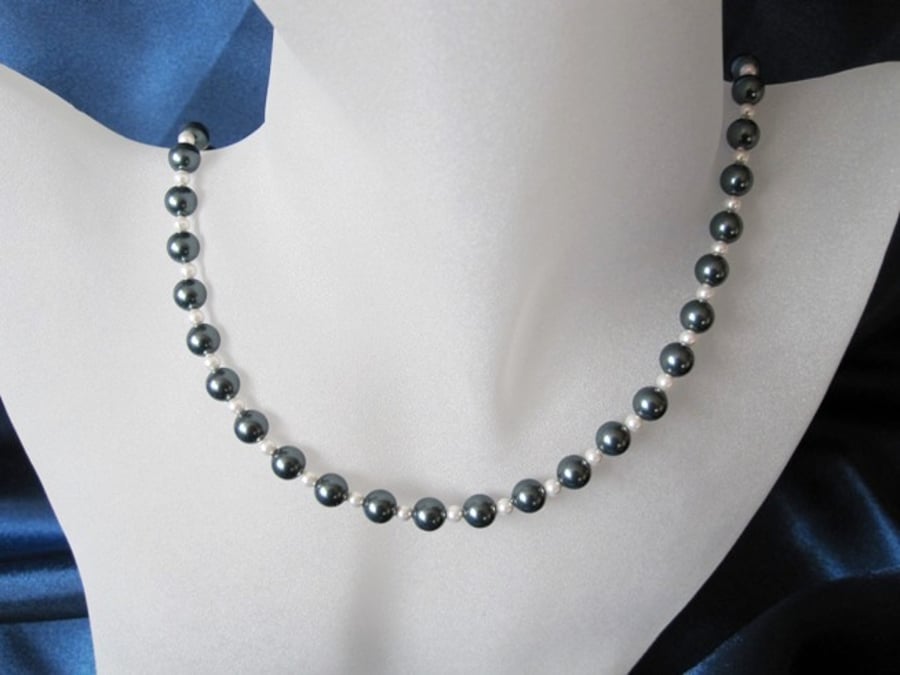 Grey Black Hematite & White Swarovski Pearls Sterling Silver Necklace