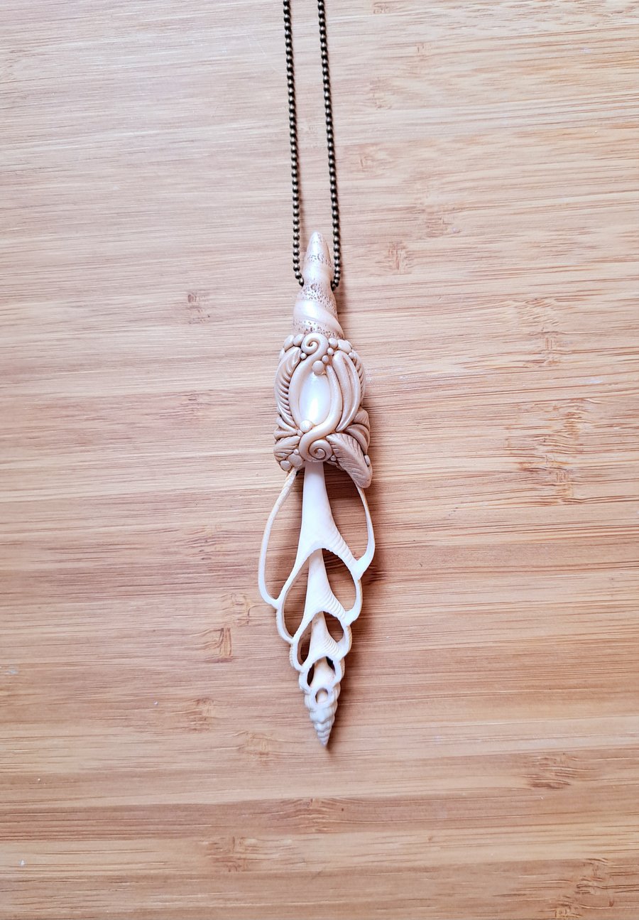 Seashell Slice with Mother of Pearl and Polymer Clay Amulet Pendant