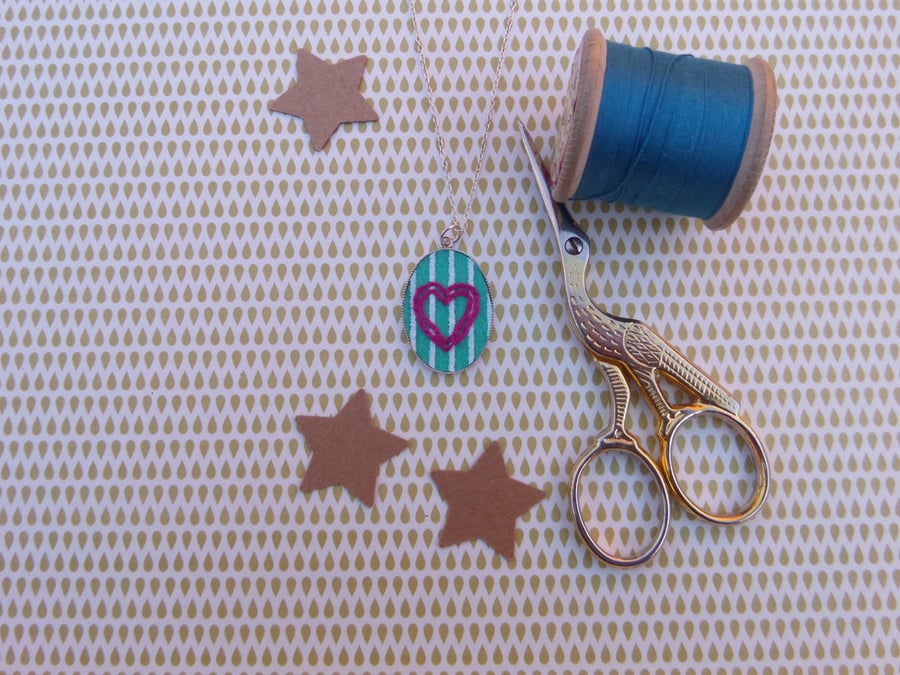 SALE Hand Embroidered Heart Pendant Necklace Folksy