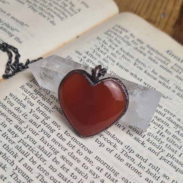 Carnelian heart copper electroformed pendant, July boho gemstone statement neckl