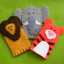 Set of 3 Circus animals felt finger puppets including lion, tiger and elephant