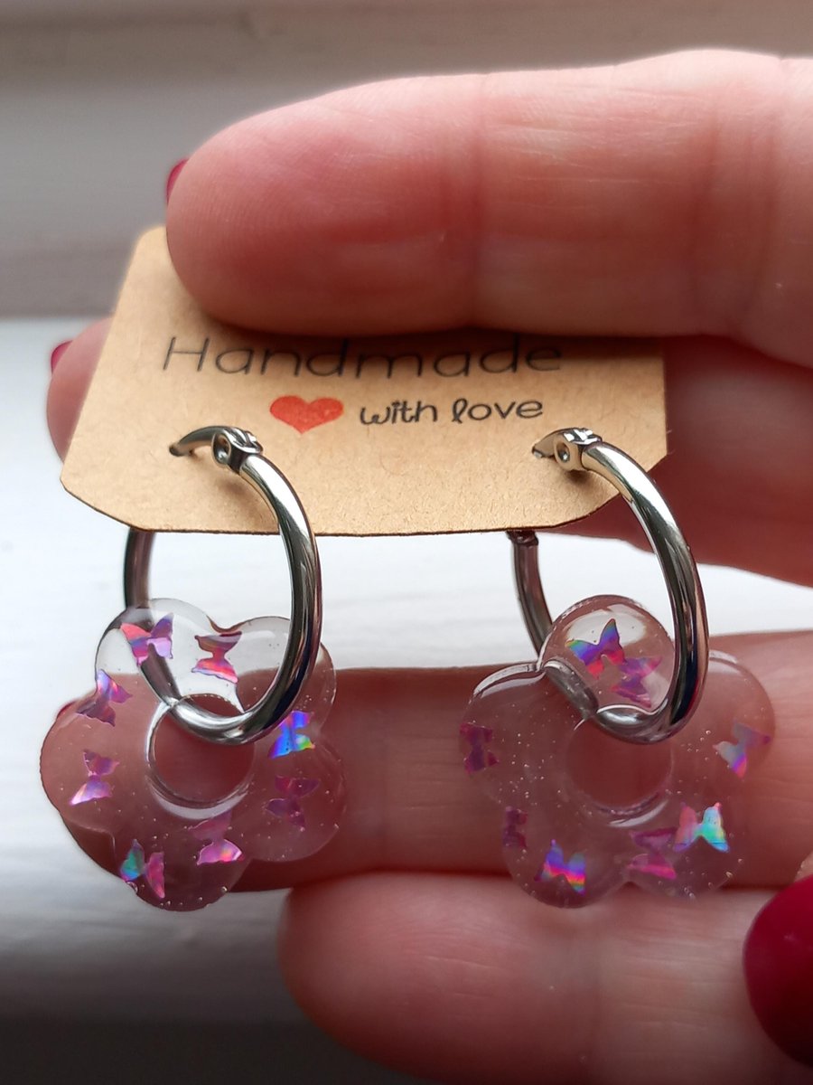 Silver hoop Butterfly charm flower earrings,Creole hoops,Garden party earrings