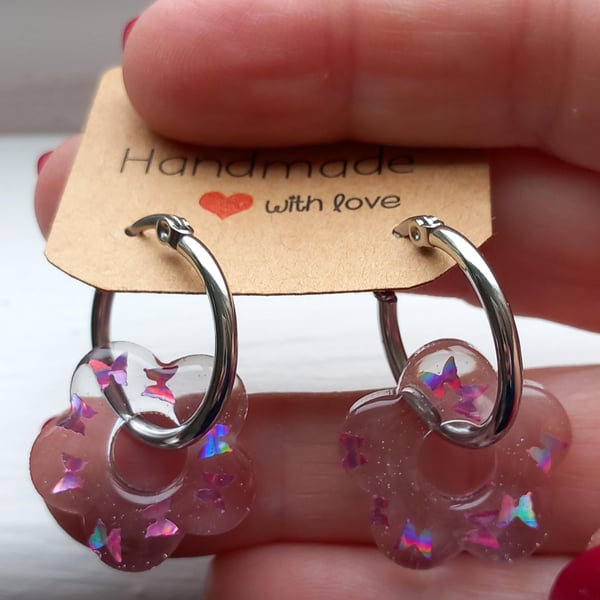 Silver hoop Butterfly charm flower earrings,Creole hoops,Garden party earrings