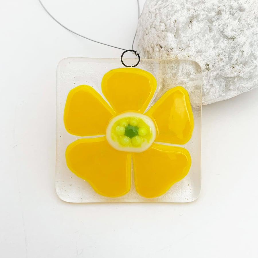 Square Yellow Poppy Hanging - Handmade Fused Glass Suncatcher