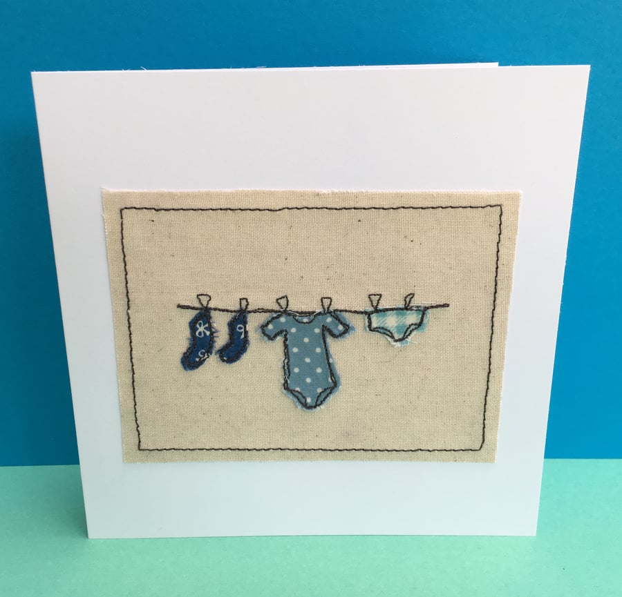 New Baby Boy Card - Machine Embroidered Baby Card