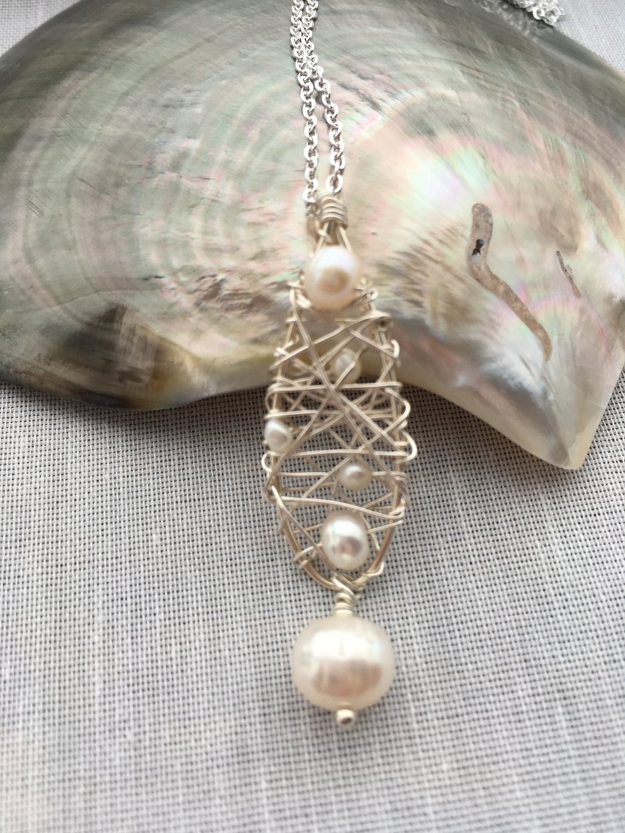 Teardrop woven freshwater pearl pendant necklace - made in Scotland. 