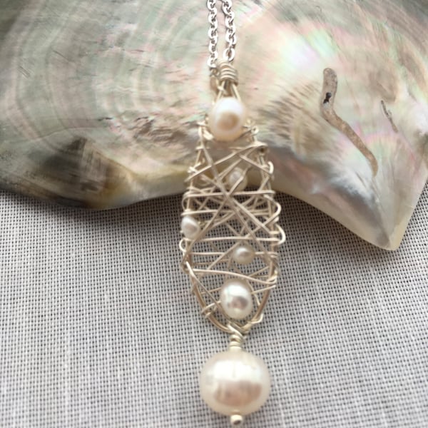 Teardrop woven freshwater pearl pendant necklace - made in Scotland. 