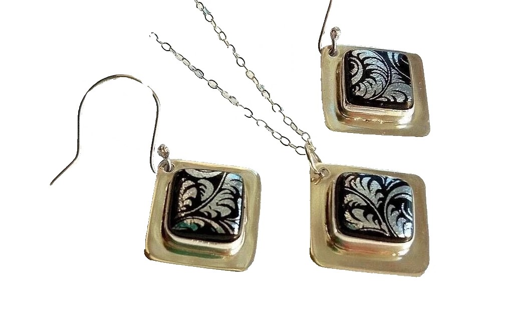 Recycled Sterling Silver Jewellery Set Dichroic Glass Black & Silver Leaf Design