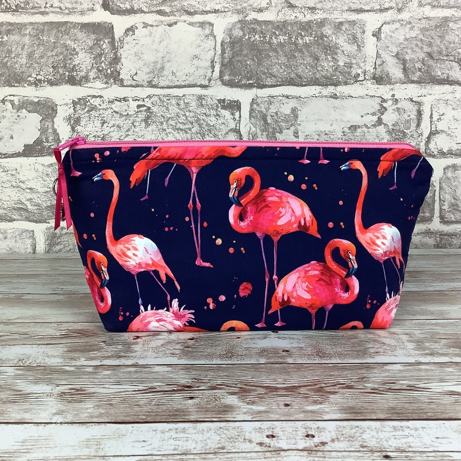 Pink Flamingos Zip case, Makeup bag, Fabric, Handmade