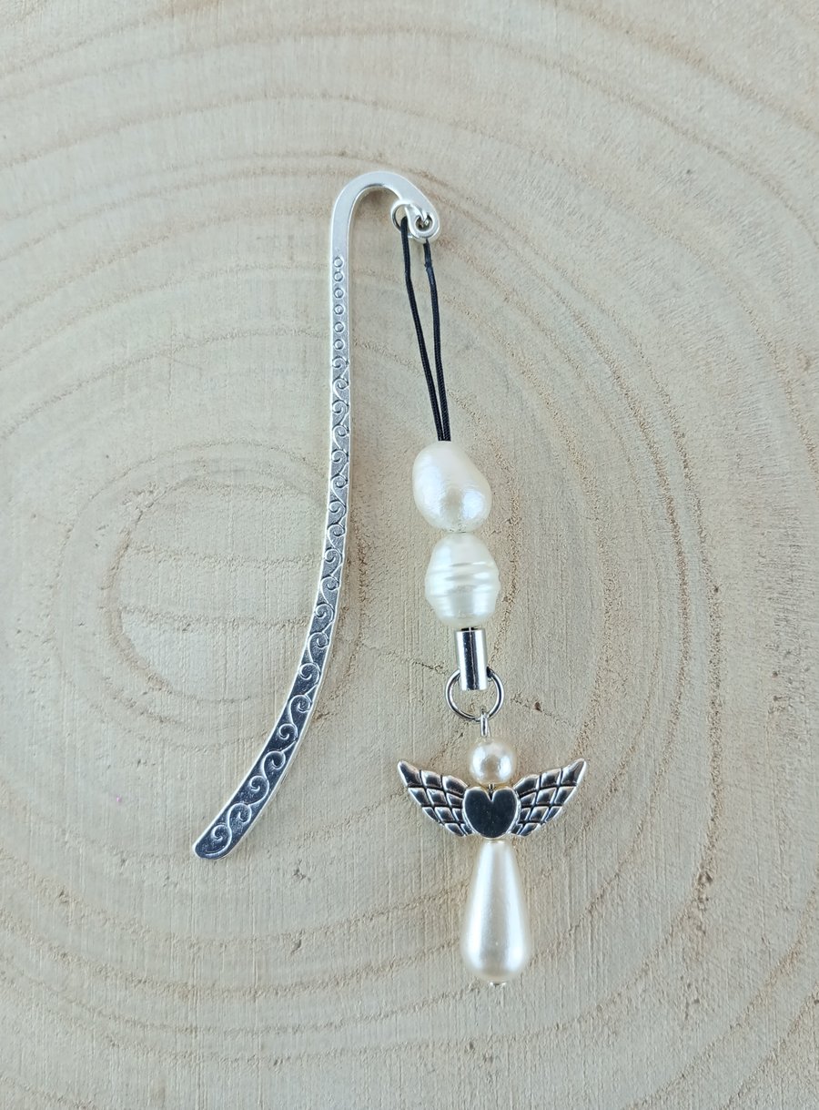 Angel Bookmark - Tibetan Silver Bookmark With Faux Peal Angel Charm