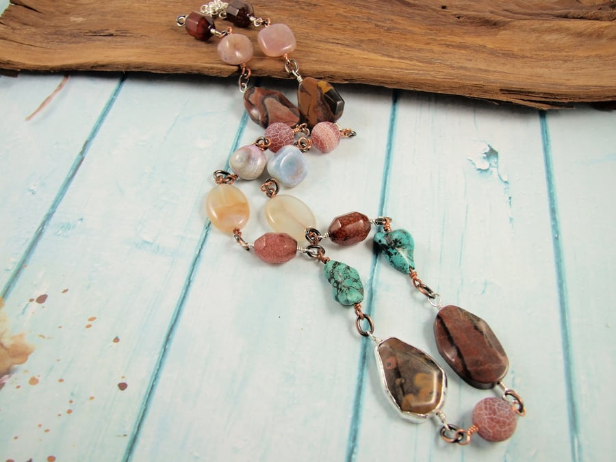 Bold Long Statement Autumn Gemstone Necklace with Sterling Silver and Copper