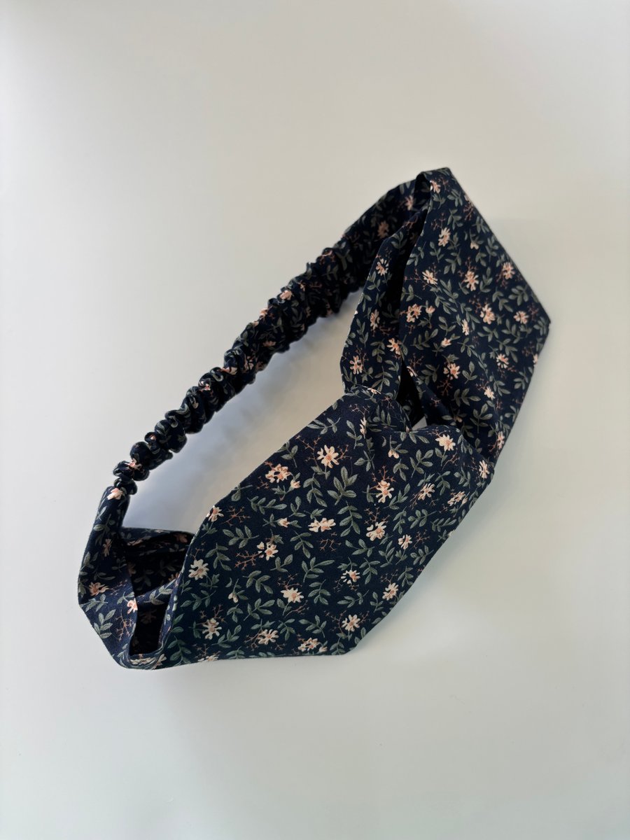 Cotton headband, twist knot style hairband in navy with delicate floral print