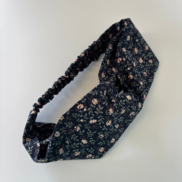 Cotton headband, twist knot style hairband in navy with delicate floral print