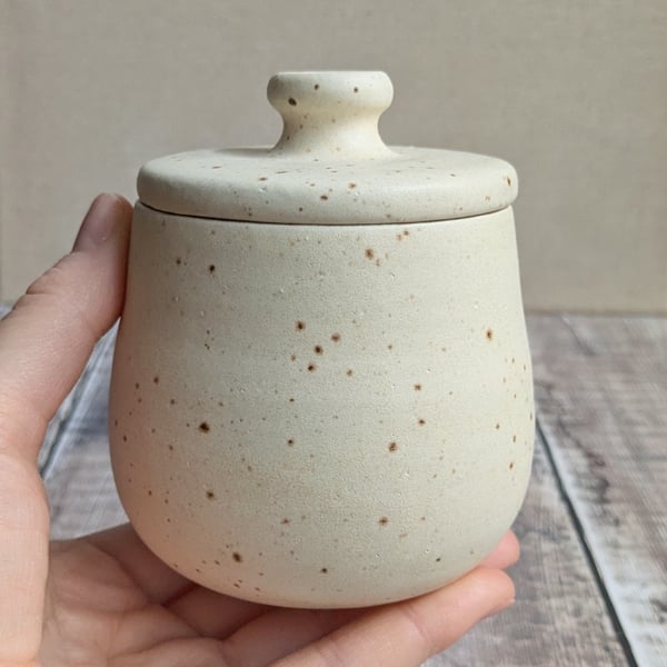 Perfectly Imperfect- Ceramic lidded pot with satin cream speckled glaze