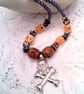 Skull & Crossbones Pendant on a Purple Bead and Skull Bead Necklace, Halloween - Image 3