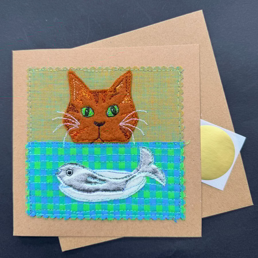ginger cat with a silver fish free motion appliqué blank greetings card
