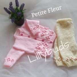 Knitting pattern for Petite Fleur baby suit. Jacket and trousers 
