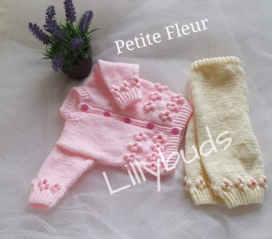 Knitting pattern for Petite Fleur baby suit. Jacket and trousers 