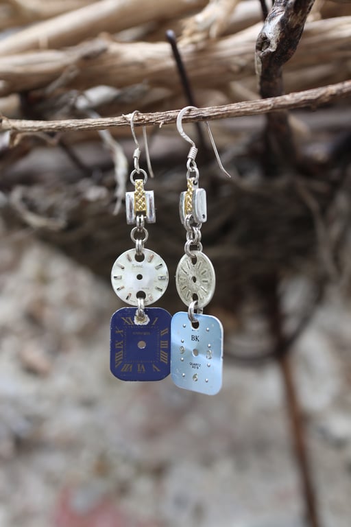 Up-cycled steampunk theme - vintage watch dial sterling silver French ear wires 