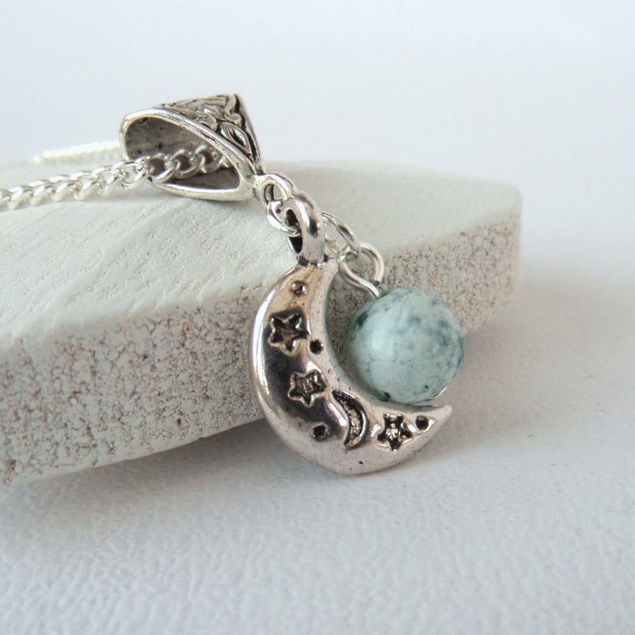 Moon charm necklace with green fire agate gemstone
