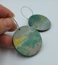 Muted silver, gold and green printed wooden disc earrings - Image 4