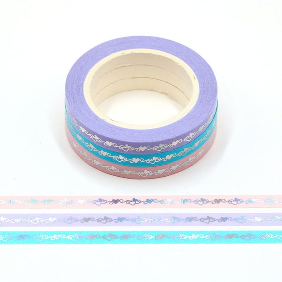 3 Rolls Love Heart Skinny 5mm Washi Tape Holographic Silver Foil Embossing Each 