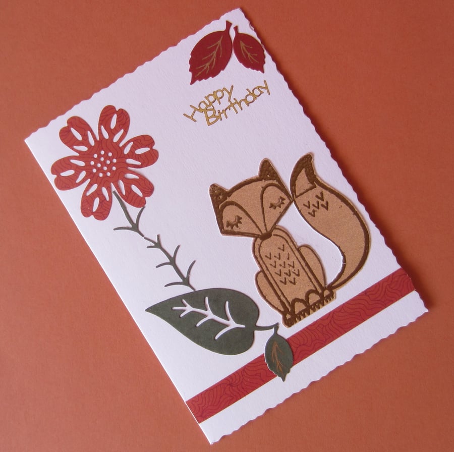 Fox with Flower and Leaves Birthday Card