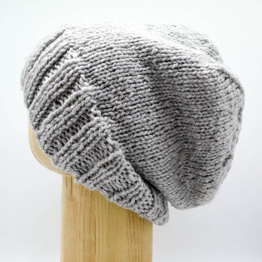SOLD - Hand Knitted slouchie beanie hat in grey - Large