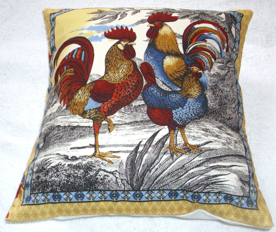 Cockerels and Hen on a farm at sunrise cushion