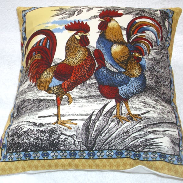 Cockerels and Hen on a farm at sunrise cushion