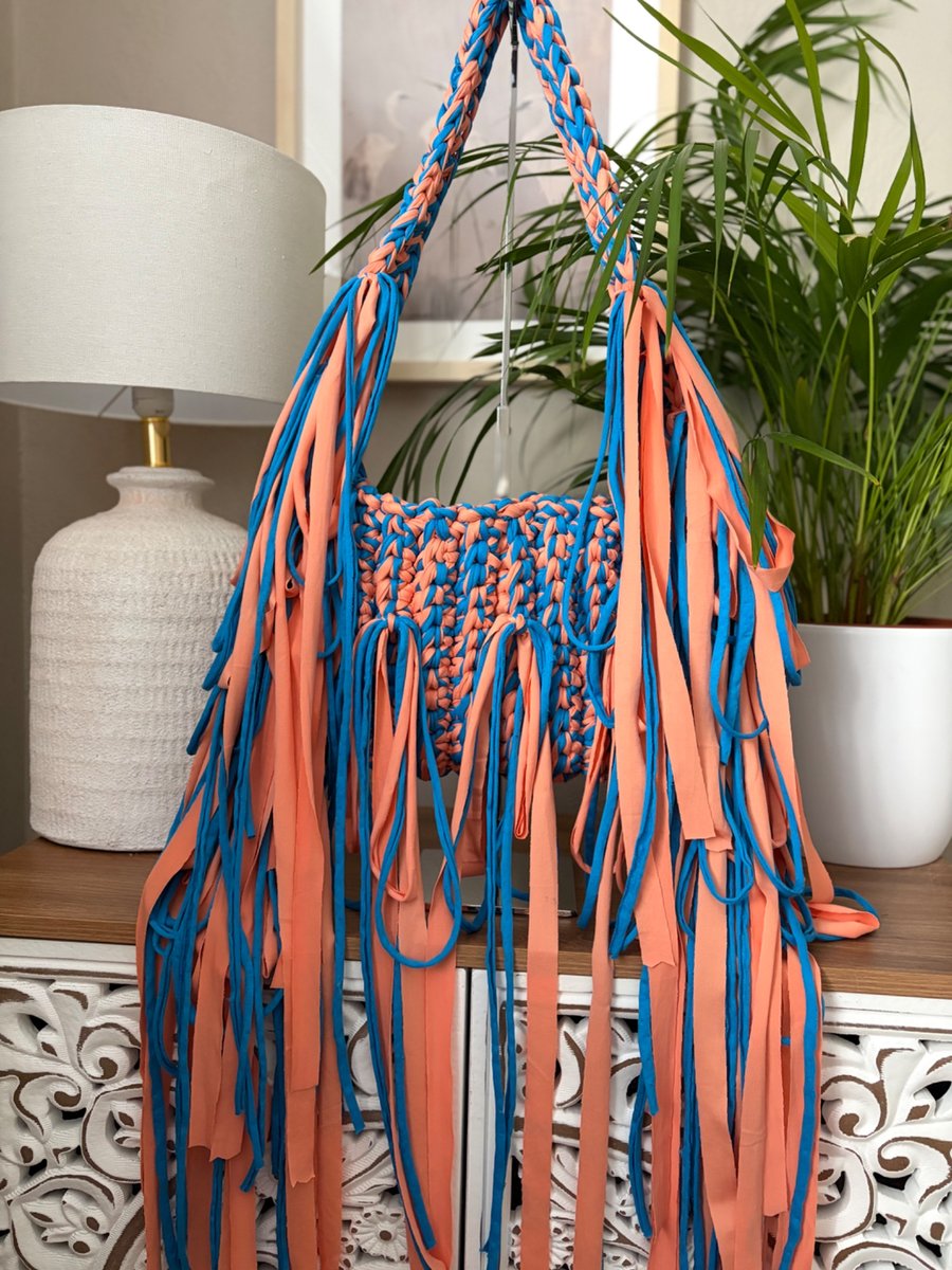 Coral & Electric Blue Loop Handmade Crochet Shoulder Bag