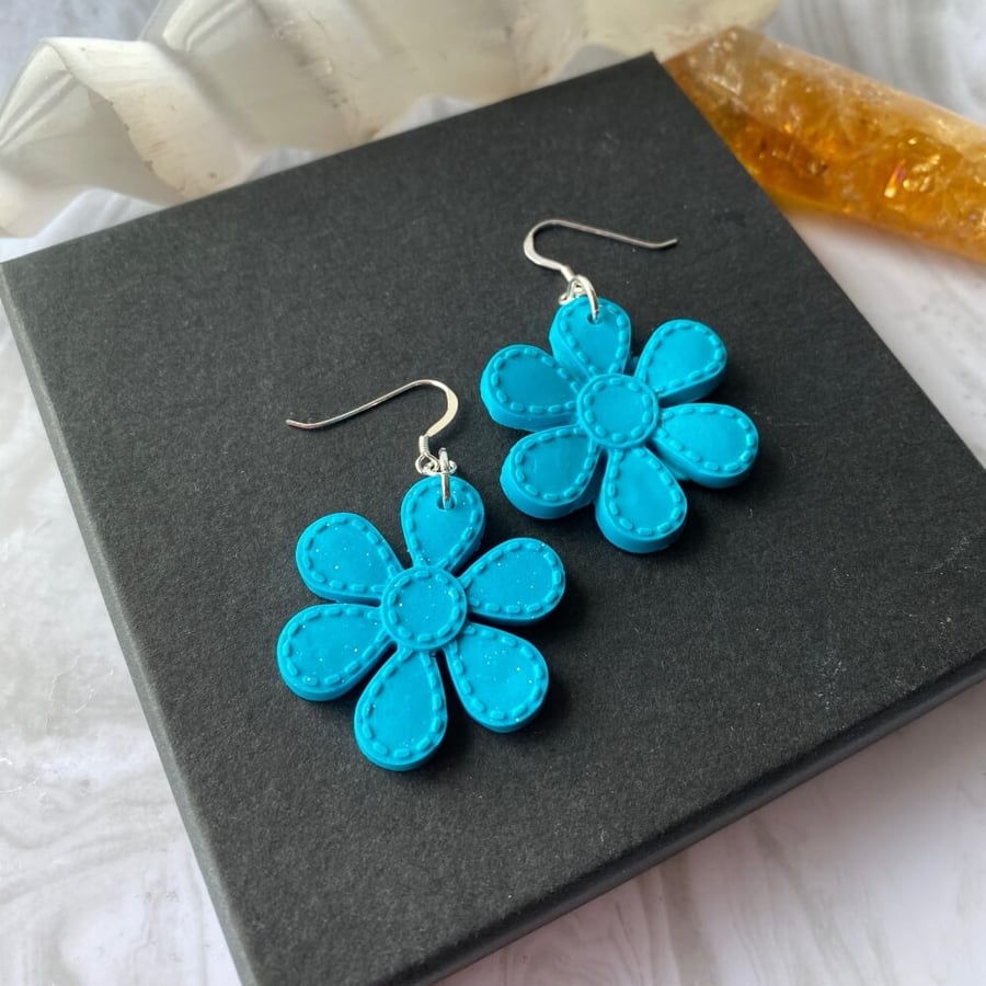 Large flower earrings turquoise blue polymer clay on sterling silver ear wires.