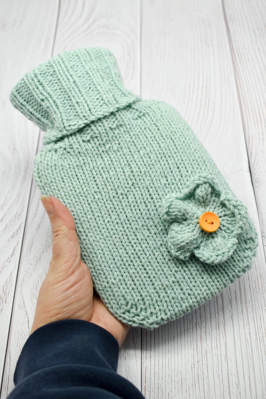 SOLD - Hand knitted Hot Water Bottle Cover - Duck Egg blue