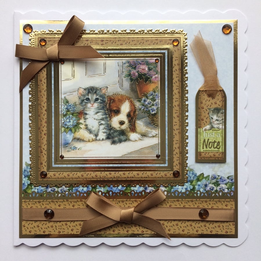 Just A Note Greeting Card Cute Kitten and Puppy Dog at Home 3D Luxury Handmade