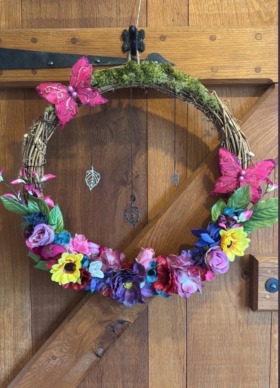 Rustic flower wreath butterflies