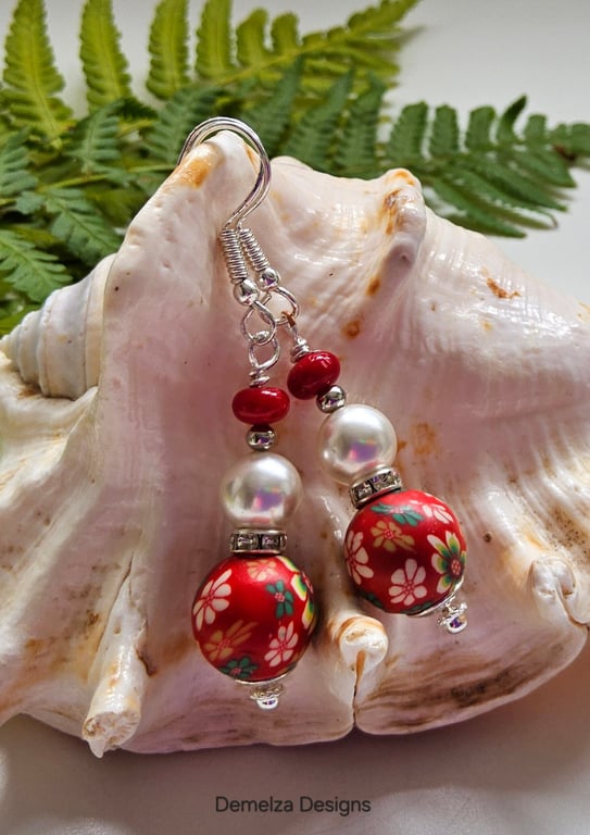 Floral Polymer Clay Beads, Red Coral & Shell Pearl Silver Plate Earrings