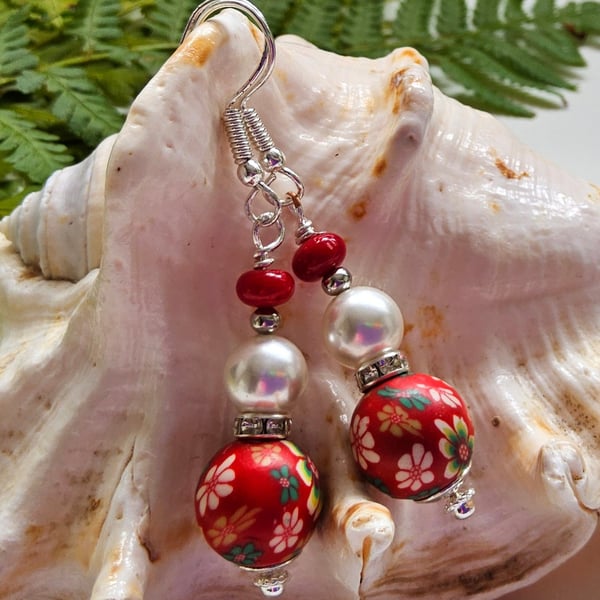 Floral Polymer Clay Beads, Red Coral & Shell Pearl Silver Plate Earrings