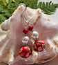 Floral Polymer Clay Beads, Red Coral & Shell Pearl Silver Plate Earrings