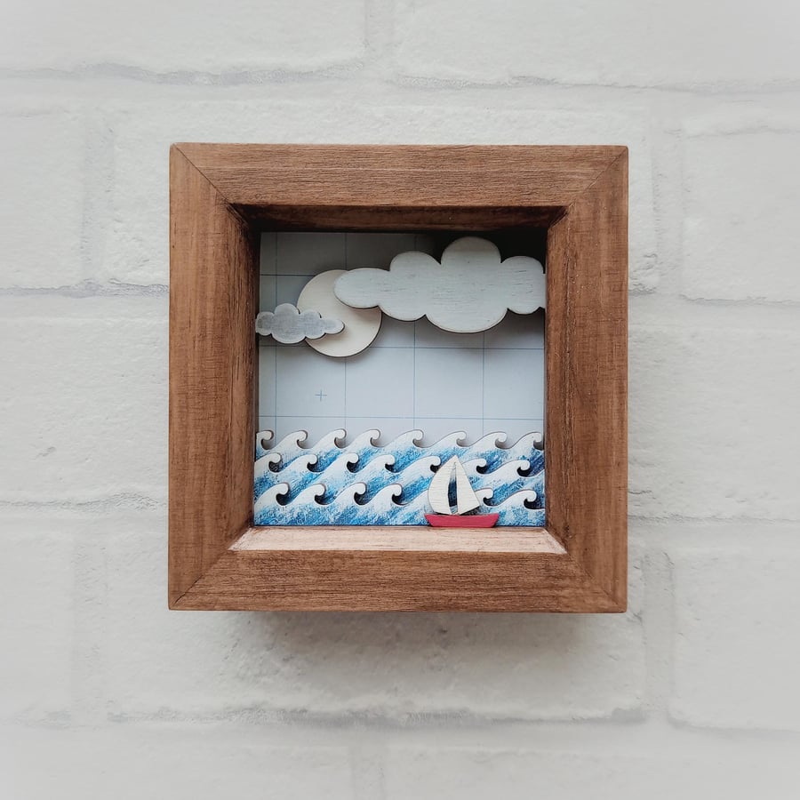 Sailing Boat Picture, On the High Seas Diorama, Nautical Ocean Picture