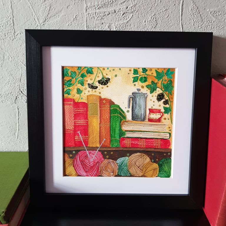 Bookshelf with yarn, coffee and ivy original artwork, frame included