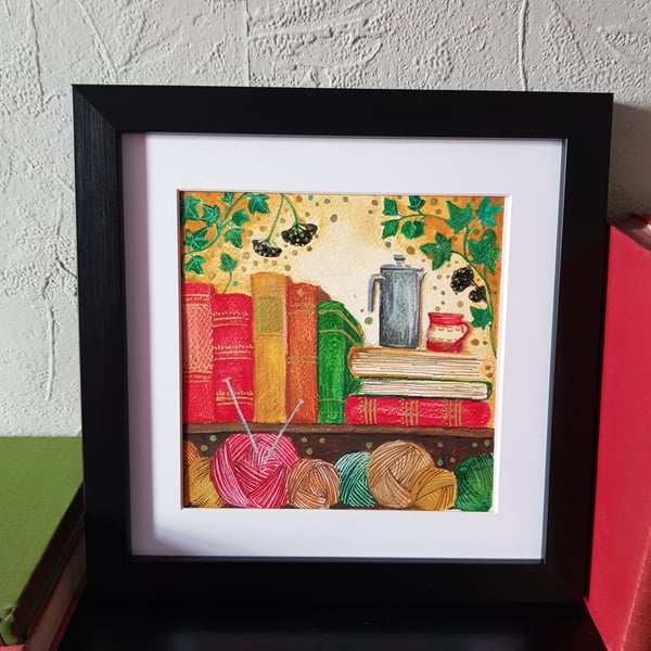 Bookshelf with yarn, coffee and ivy original artwork, frame included