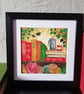 Bookshelf with yarn, coffee and ivy original artwork, frame included