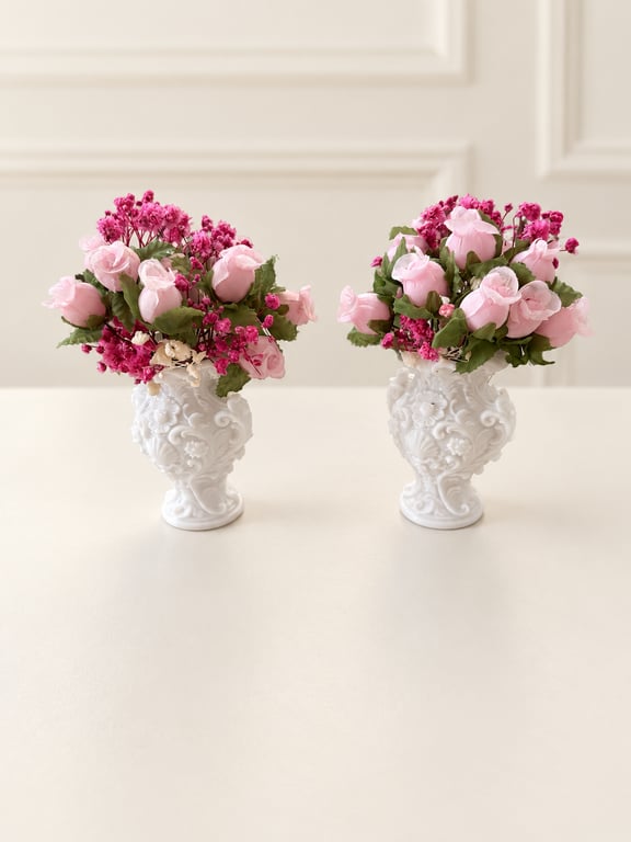Handmade Dollhouse Floral Urn Pair – Pink Miniature Flower Arrangements