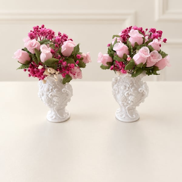 Handmade Dollhouse Floral Urn Pair – Pink Miniature Flower Arrangements